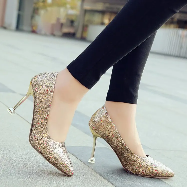 

PUMPS solid color women's high heels, pointed stiletto casual single shoes women, shallow mouth frosted sequins high heels