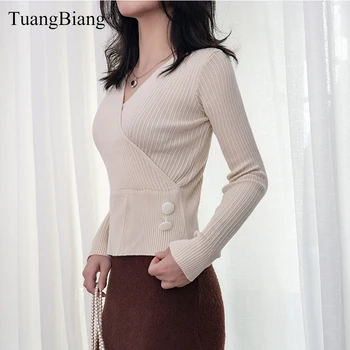 

Ladies Knit High elasticity Sexy Sweaters Button Women Long Sleeve Deep V-Neck Pullovers Cotton Autumn Tops Winter jumpers 2019