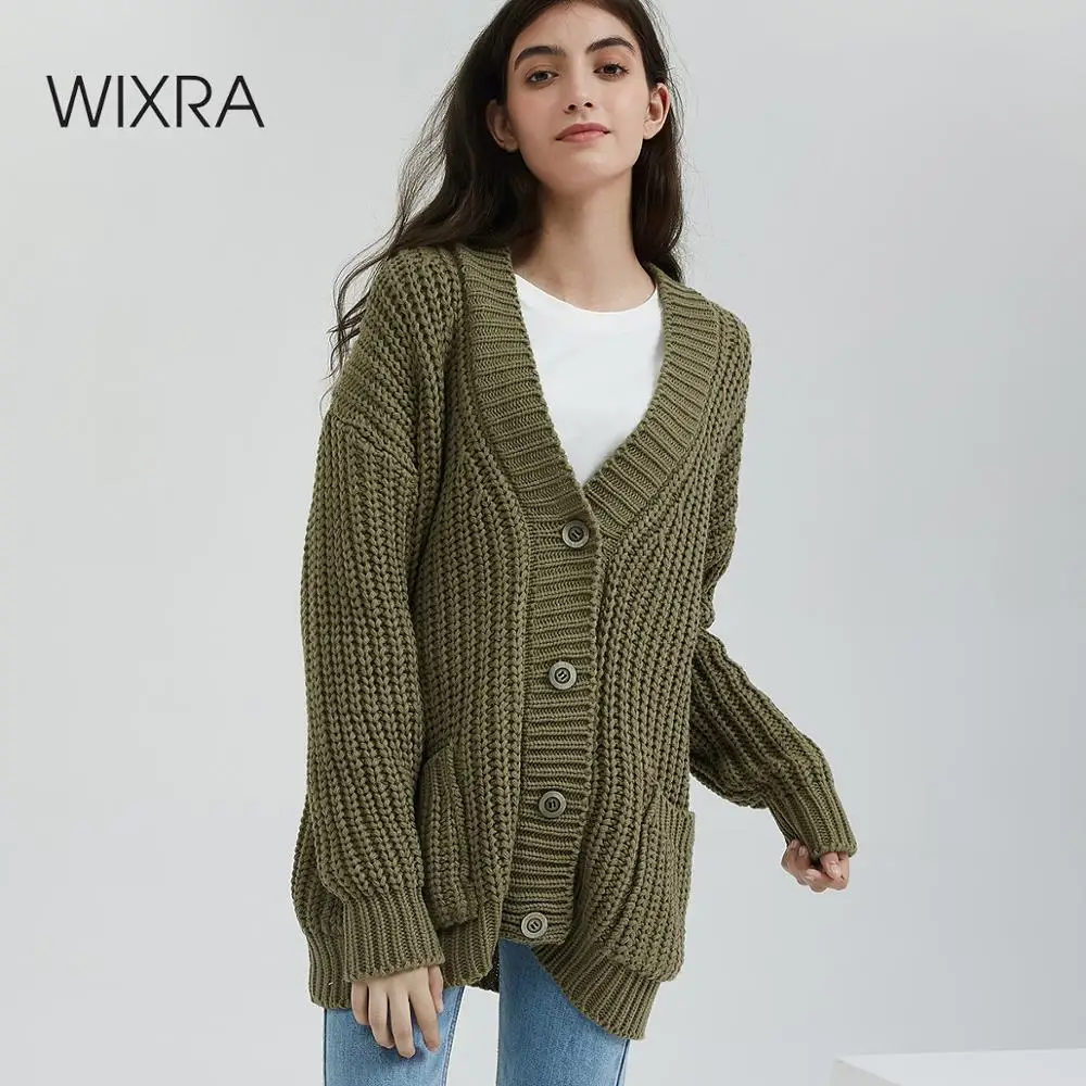 Ceny Wixra dzianiny Chunky Cardigan sweter kobiet kieszenie jednolity, gruby topy odzież stylowy sweter dla kobiet 2019 jesień zima