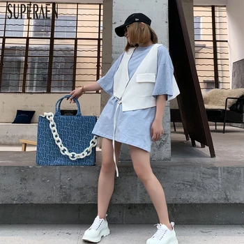 

SuperAen Korean Style Women's Sets Summer New 2020 Half Sleeve Dress Cotton Solid Color Sleeveless Vest Coats Two-Pieces Female