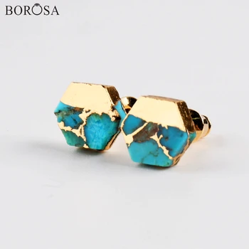 

New Gold Plating Veins Turquoises Studs Earrings for Women 8mm Hexagon Fashion Natural Stone Earrings Jewelry Girls Gifts G1985