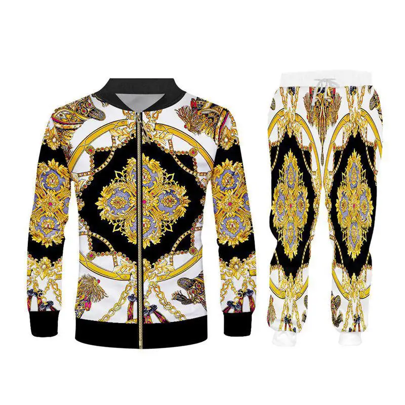 

Baroque Brand Man Hoodies Zip Up Jacket+Sweatpants Sets Novelty 3D Golden Chain Print Sport Suit Unisex Gym Clothing set Custom