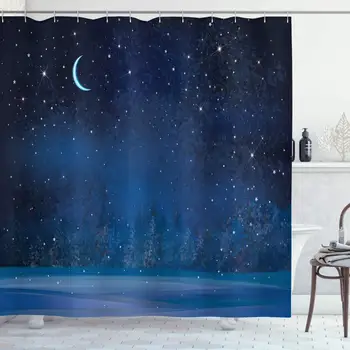 

Moon Shower Curtain, Mystical Winter Season Wonderland with Starry Sky Dark Night Forest Landscape, Cloth Fabric Bathroom Decor