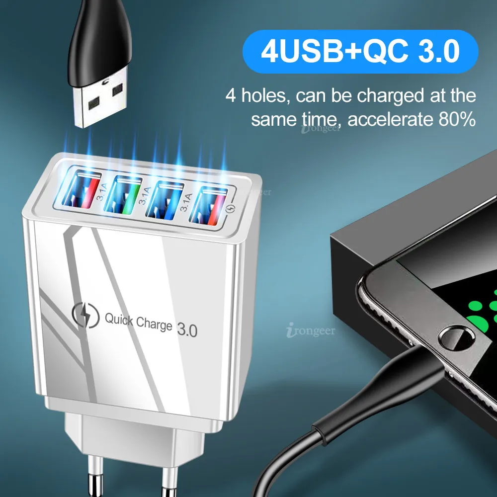 Quick Charge 3.0 4.0 USB Charger 4 Ports 3.1A QC3.0 Fast Charging EUUS Mobile Phone Chargers for iPhone Samsung Xiaomi Tablet (4)