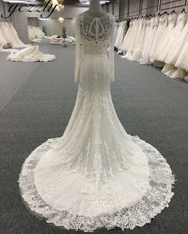 Vestido De Noiva Sereia сексуальный Совок Русалка Свадебные платья с длинными рукавами Аппликации кружевные со стразами свадебное платье Nikah Elbisesi YW10