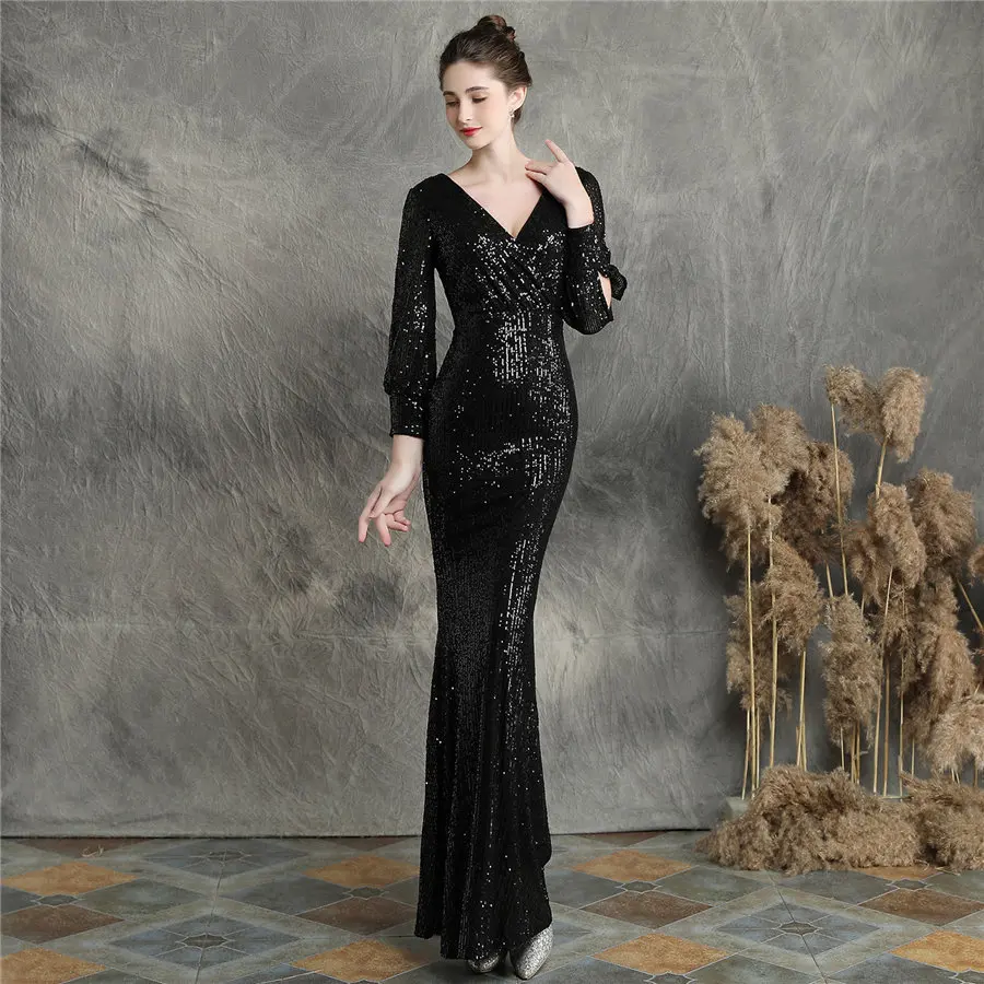 Длина до пола, Русалка, платье для выпускного вечера, с блестками, женское вечернее платье размера плюс, Robe De Soiree, DX240-7, с длинным рукавом, сексуальное вечернее платье - Цвет: Черный