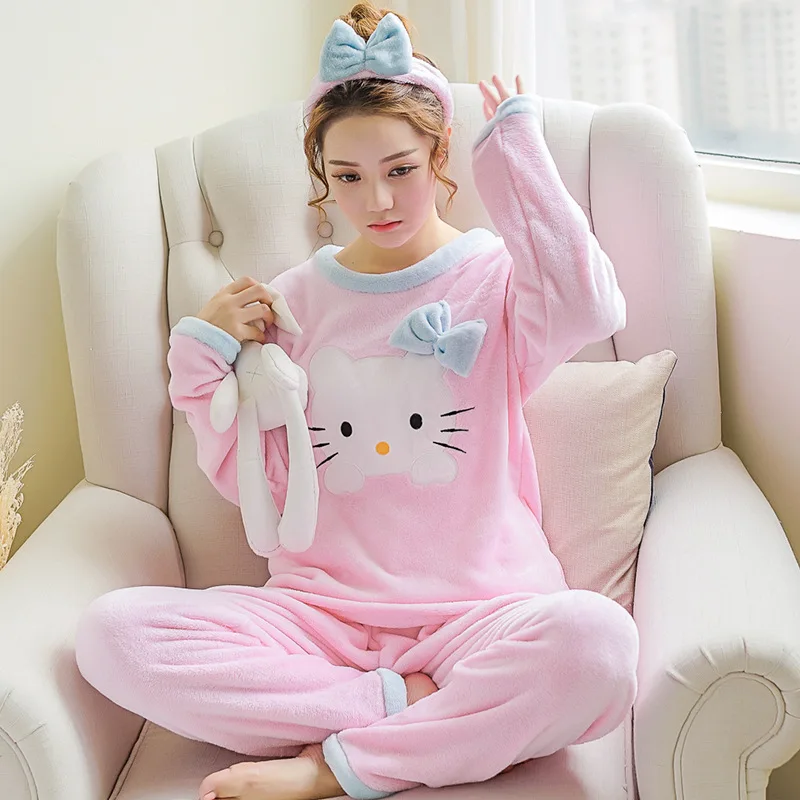 

Gift belt Winter Female Pajamas Full Trousers Two Piece Pajama Set lovely pink Cartoon Home Clothing Women's Flannel Pajamas Set