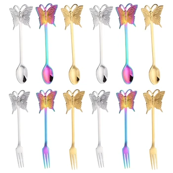 

OOTDTY 6pcs Stainless Steel Butterfly Coffee Spoon Fork Soup Sugar Dessert Teaspoons Mixing Stirrer Kitchen Tableware