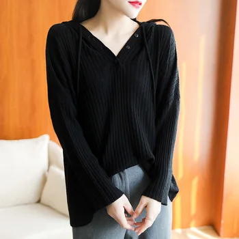 

Women Sweater Cashmere Sweater Women's V-neck Button Hooded Sweater