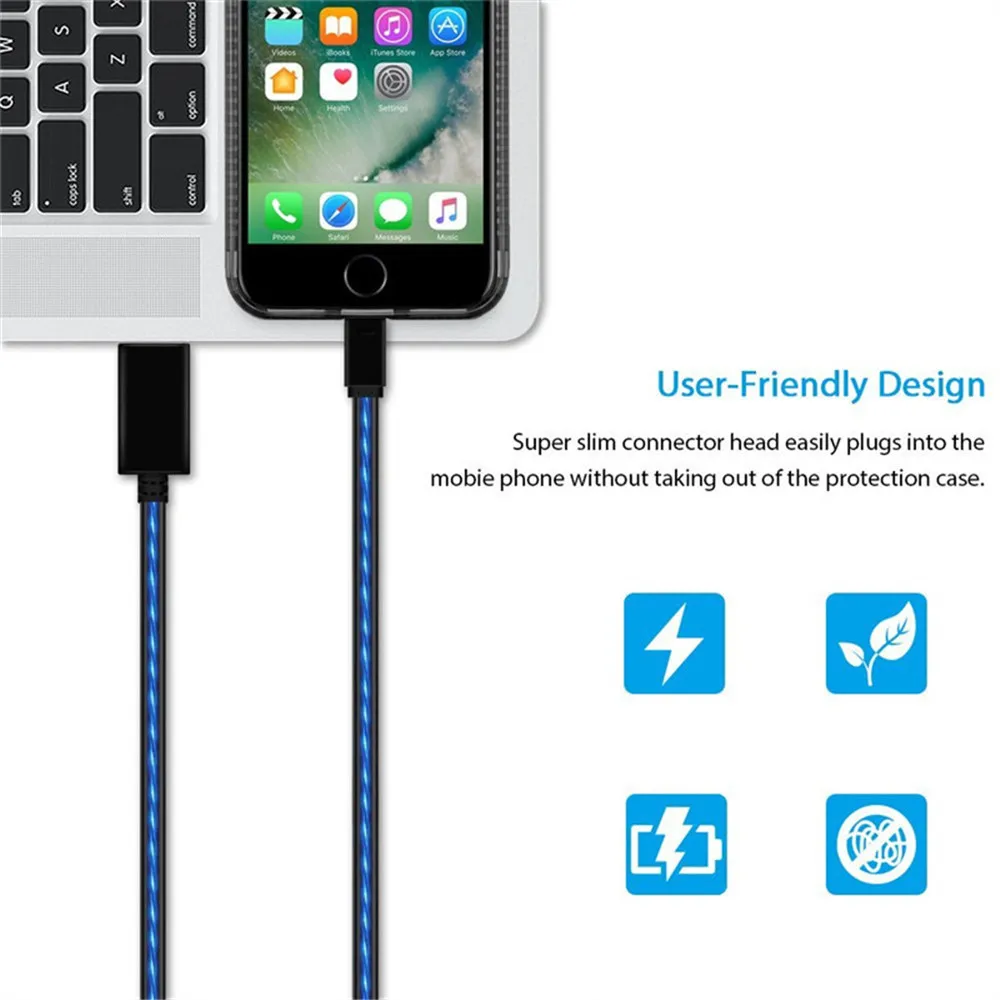 Плоский течёт свечение без магнитного USB кабель для iPhone XS XR X 8 7 Plus 5S samsung S9 Xiaomi светящийся кабель для быстрой зарядки