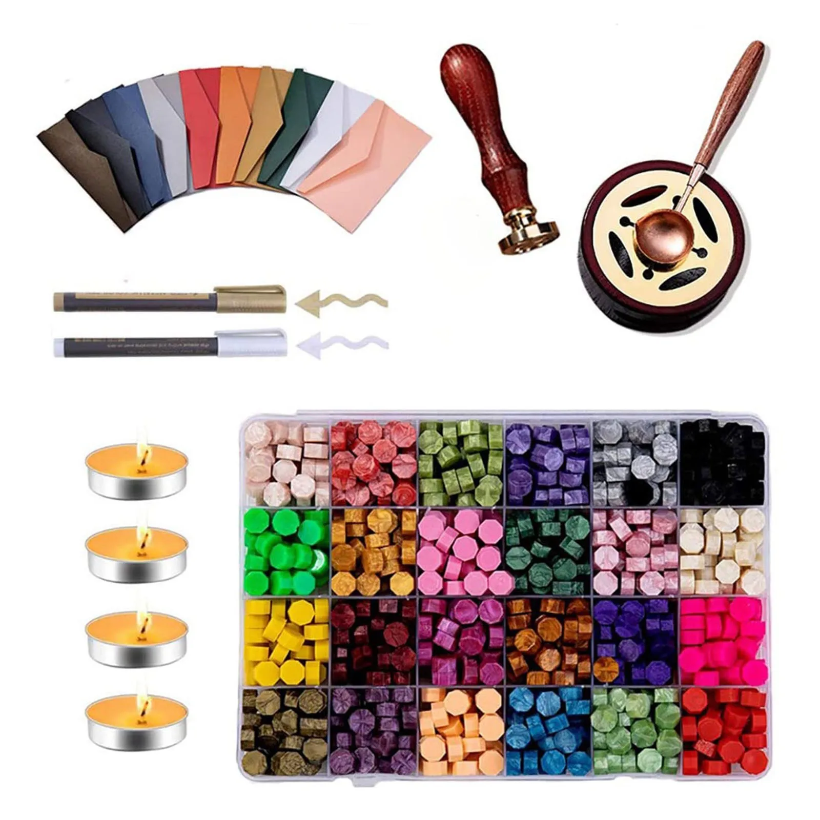 Juego de sellos de cera con letras, piezas envueltas en cuentas de cera de 24 colores con almohadillas, bolígrafos de Metal, sobres, cucharas, papelería de uso amplio, 1 unidad