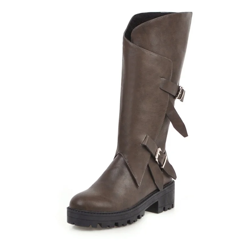 

KALENMONS Biker Boots Women Mid Heel Platform Zip Mid Calf Boots Buckle Motorcycle Boots Ladies Autumn Winter Shoes Size 34-46