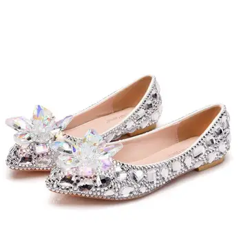 

Luxury silver bling bling crystal flower flats wedding shoes bride ladies girls party dinner proms dress dancing flats plus size