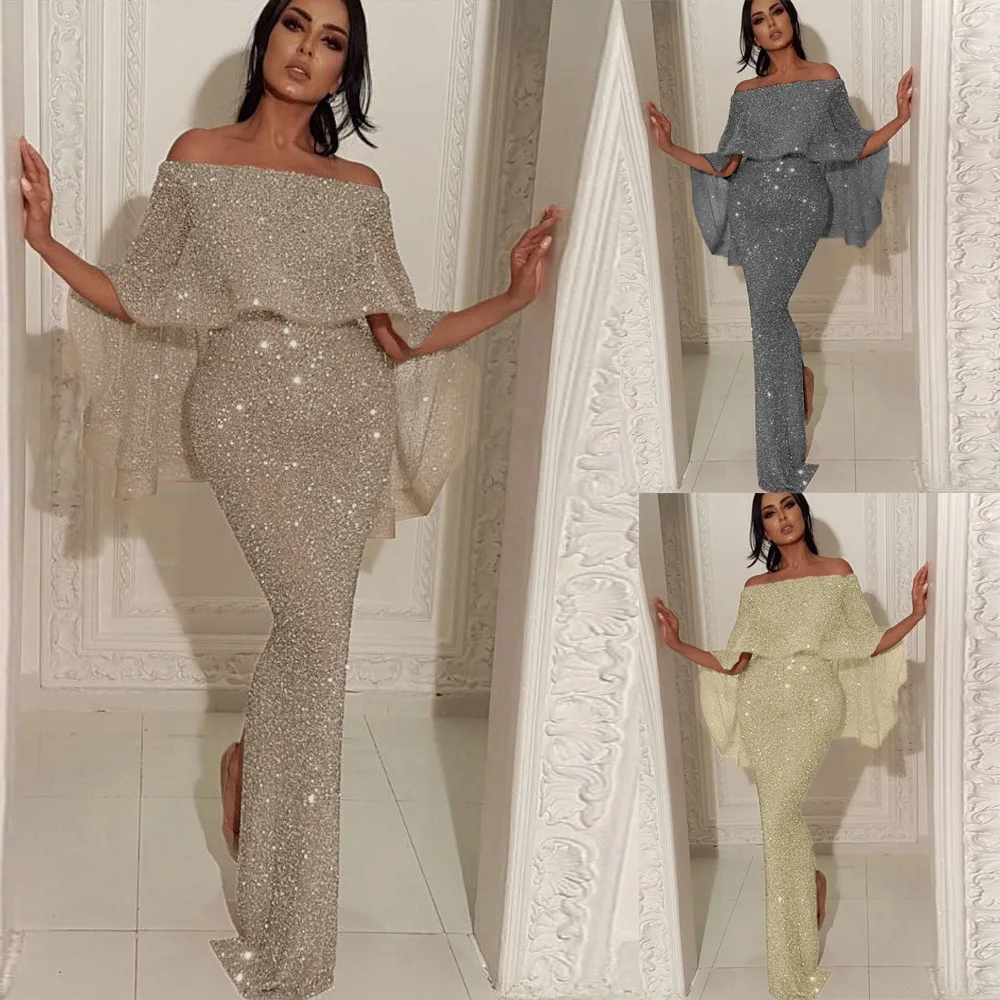 

New Sexy Back Large Lotus Leaf Wrapped Chest Word Shoulder Dress Bling Bling Bag Hip Slit Off Shoulder Sexy Hot Dress Female