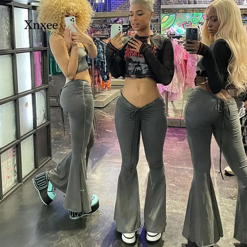 

Женские расклешенные брюки с низкой талией Y2K, длинные брюки на шнуровке с рюшами, эластичная Повседневная Уличная одежда, облегающие брюки, модная одежда