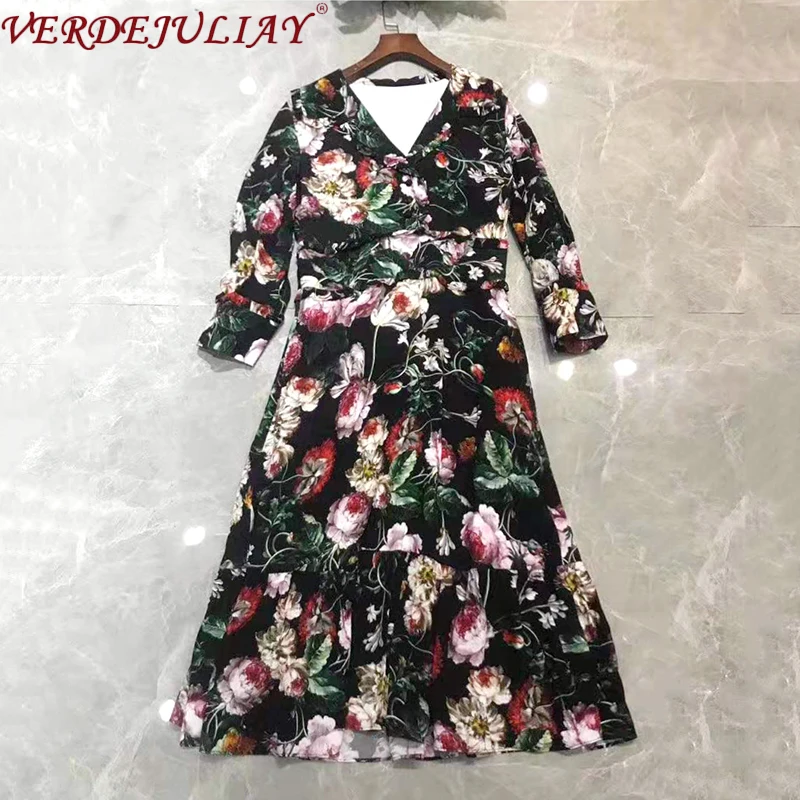 VERDEJULIAY European Vintage Trumpet Dresses Women Ruffles Edge 2020 Spring Runway Floral Print 100% Pure Silk Mid-Calf Dress | Женская