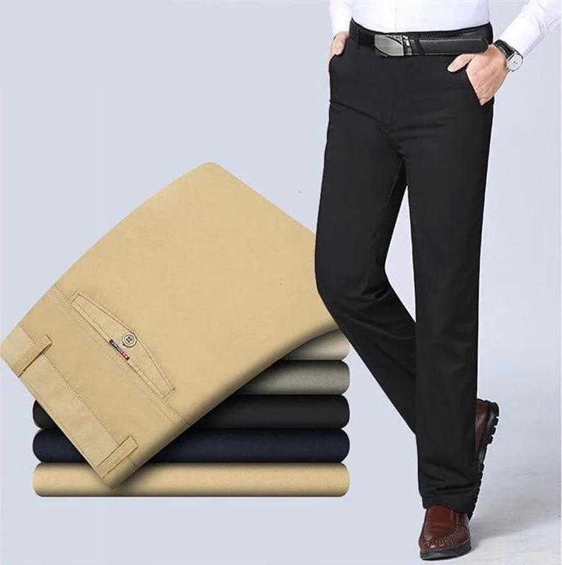 Pantalones informales para hombre de mediana edad, Pantalones rectos de cintura alta, finos, gruesos, transpirables, de algodón, para primavera y otoño