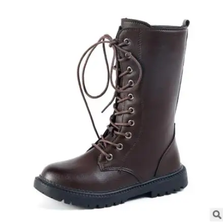 Зимняя обувь из искусственной кожи для девочек, черные теплые ботинки для девочек-подростков, для детей - Цвет: Коричневый