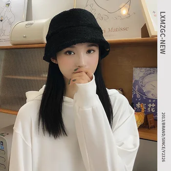 

faux lamb fur bucket hat solid color cloth label bucket hat Japan Korean style autumn winter bucket hat