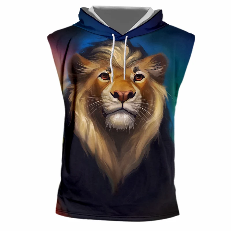 

IFPD EU Size Hooded Tank Top Homme Hot Gyms 3D Sleeveless Shirt Animal Print Lion Summer Casual Plus Size Male New Summer Vest