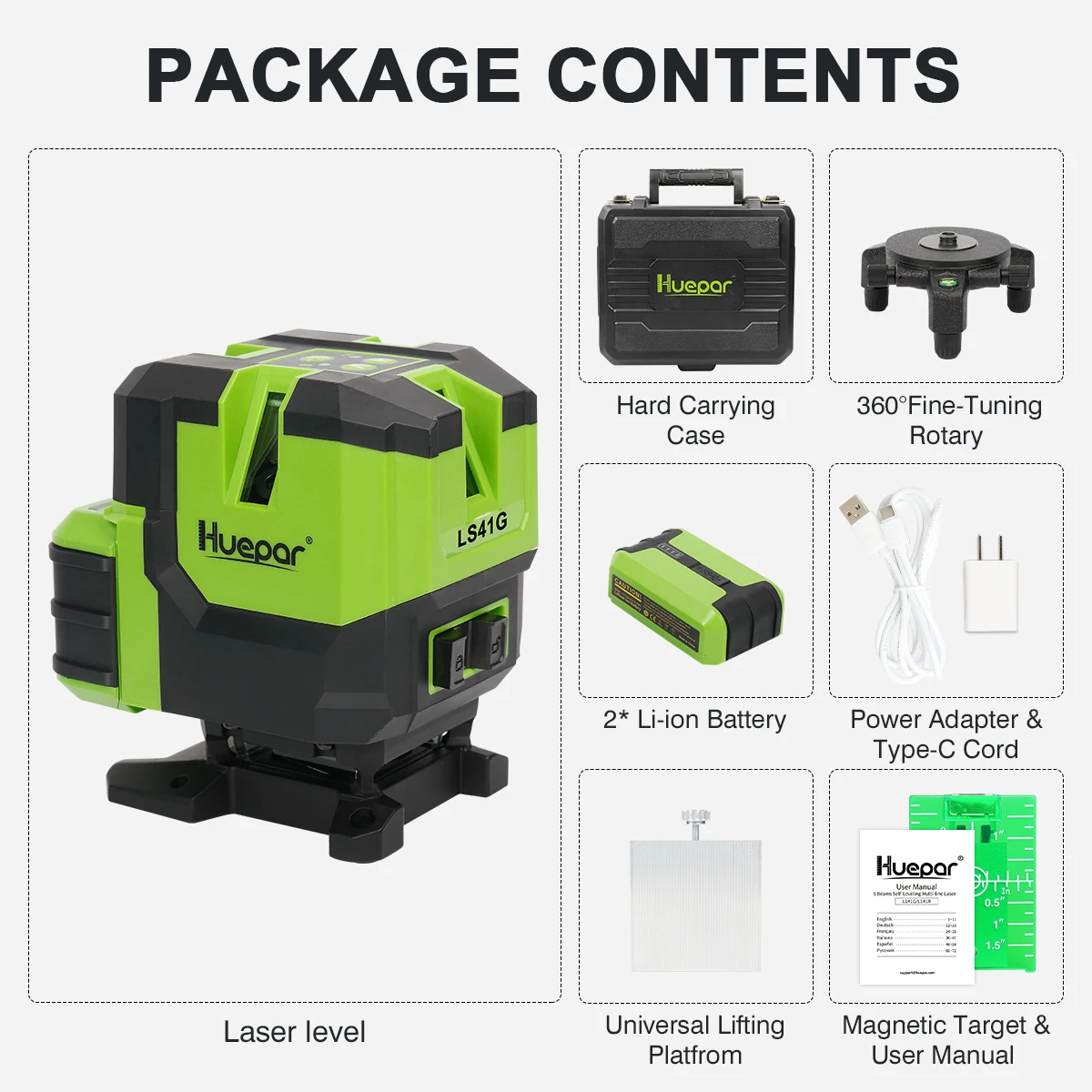 Huepar Multi-Line Laser Level Self-leveling Vertical & Horizontal Lines &  Plumb Dot Green Cross Line Laser Tools with Hard Case