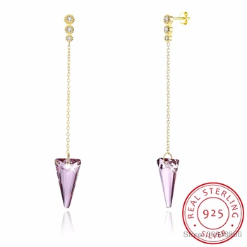 

Pink Crystal Triangle Drop Earrings Crystals 925 Sterling Silver Fine Jewelry For Women Best Friend Gift