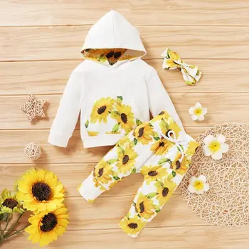 

PatPat 2020 New Spring and Autumn Baby Girl Sunflower Print Sets for Baby Girl Hooded Set CLlothes