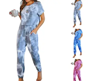 

2PCS Women's 2 Tie Dye Sweatsuit Set Short Sleeve Pullover and Drawstring Sweatpants Lounge Set Casual Loose Tracksuit Set
