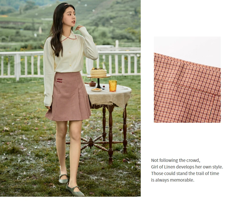 INMAN 2020 Autumn New Arrival Retro Style Vintage Check Button Asymmetrical Pleated Skirt