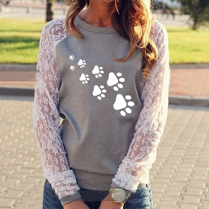 

DOG PAW Letters Print Round Neck Lace T Shirt For Women 2019 Tops Kawaii Women Cotton Printing Loose Plus Size Tee Shirt Female