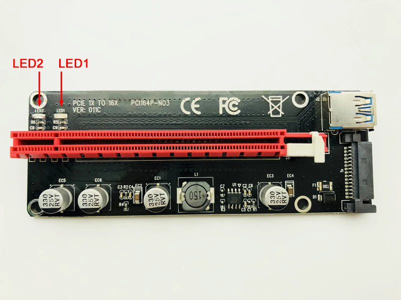 Newest VER 011C Riser PCI-E PCIe Extender PCI Express Riser Card 1x to 16x SATA 15pin Power Connector 3 LED for BTC Miner Mining