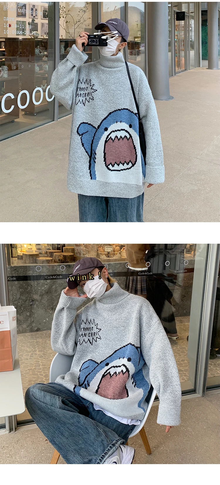Men Turtlenecks Oversized Sweater Shark Letter JKP4765