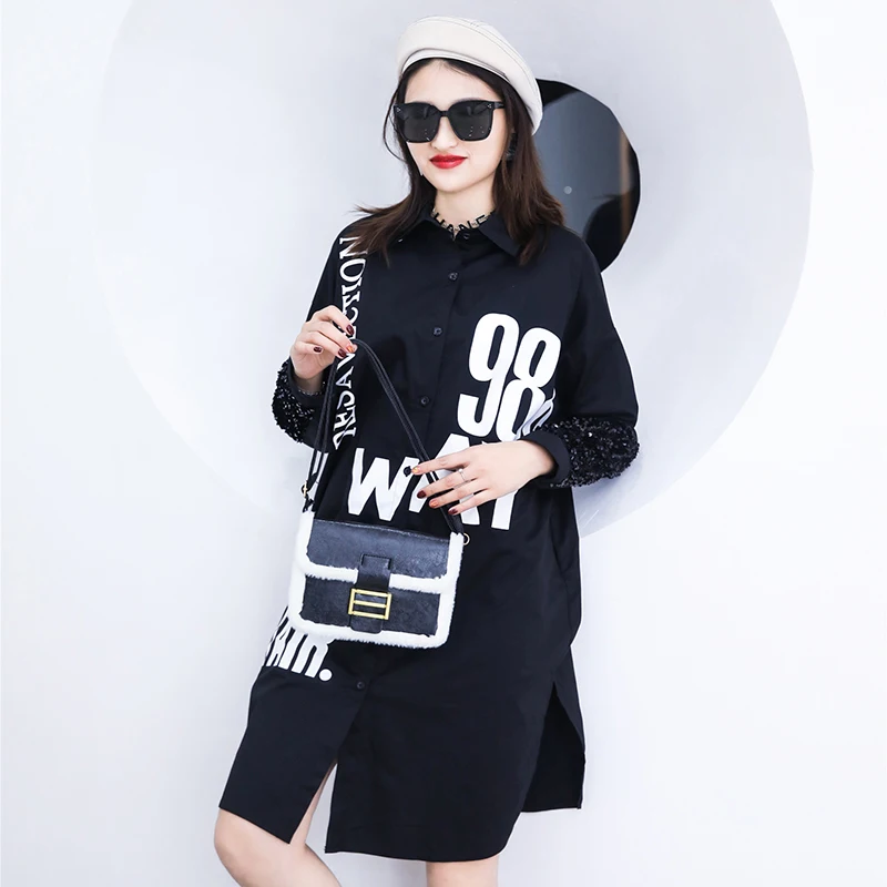 XITAO Sequins Patchwork Casual Shirt Women Letter Tide Fashion New Style Turn Down Collar Long Sleeve Single Breasted DZL2619