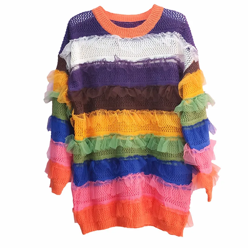 

Autumn 2020 Korean version of the new rainbow stripe loose long pullover round neck knitted sweater purple knitted sweater
