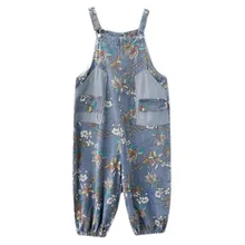 

Loose Jeans Denim Jumpsuit Women Casual Oversized Baggy Wide Leg Pants Pockets Print Floral Denim Overalls Straps Jean Dungaree