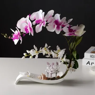 Butterfly Orchid Artificial Flowers Set Fake Flower Ceramic Vase Ornament Phalaenopsis Figurine Home Furnishing Decoration Craft - Цвет: 3