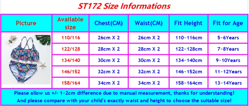 ST172 girls swimwear size chart