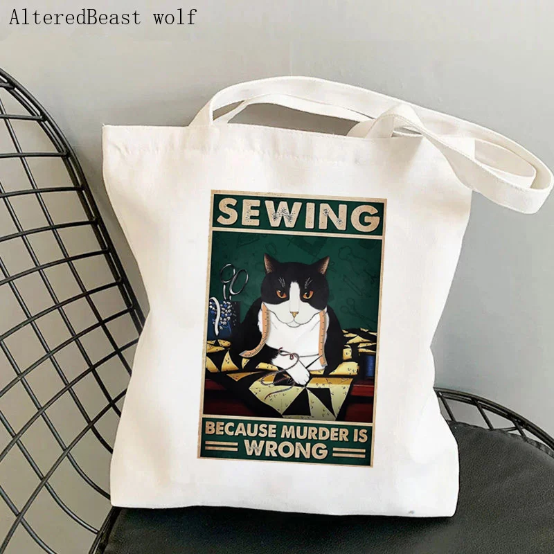Women Shopper bag Black Cat Drink Wine Funny Saying Bag Harajuku Shopping Canvas Bag girl handbag Tote Shoulder Lady Bag