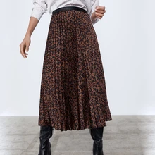 ZA Женская плиссированная леопардовая юбка с принтом, сексуальная модная юбка миди, искусственная кожа, с панелью, на талии, с боковой молнией, Зимняя юбка