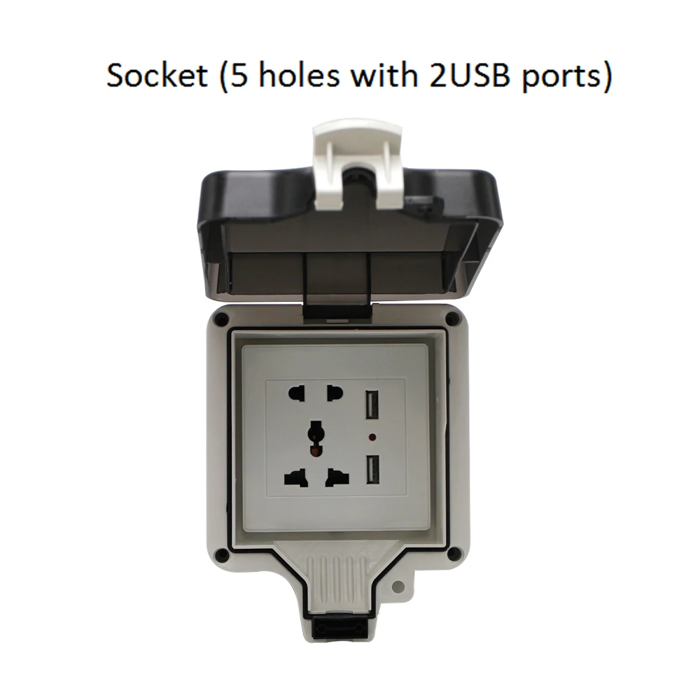 IP66 3/5 отверстия Многофункциональная Универсальная Водонепроницаемая наружная настенная розетка с 2 портами USB 10A электрическая розетка с заземлением - Тип: 5 hole socket( 2usb)