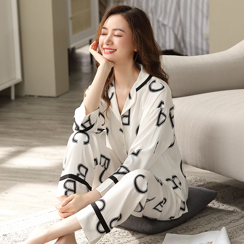 Summer Satin Pyjamas Femme Letter Pajamas Women White Ice Silk Sleepwear Nightwear PJ Nuisette Silky Pijama Women 2021Homewear