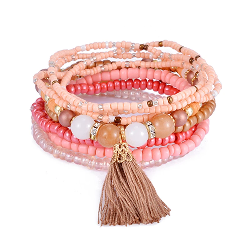 Bohemia Tassel Charm Beads Bracelets For Women Boho Candy Color Multilayer Wrap Bracelet Set Wristband Jewelry pulseira feminina