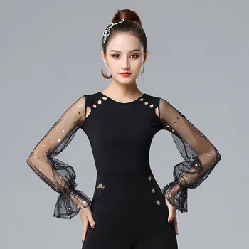 

Fashion Latin Dance Tops Women Sexy Sequin Mesh Long-Sleeved Dancing Shirt Ladies Ballroom Samba Salsa Dance Practice Top DL5917