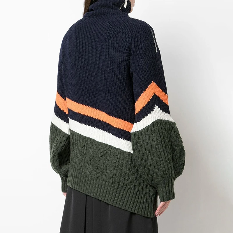 Роскошный брендовый дизайнерский вязаный свитер для женщин, винтажный Свободный вязаный свитер на молнии с высоким воротником