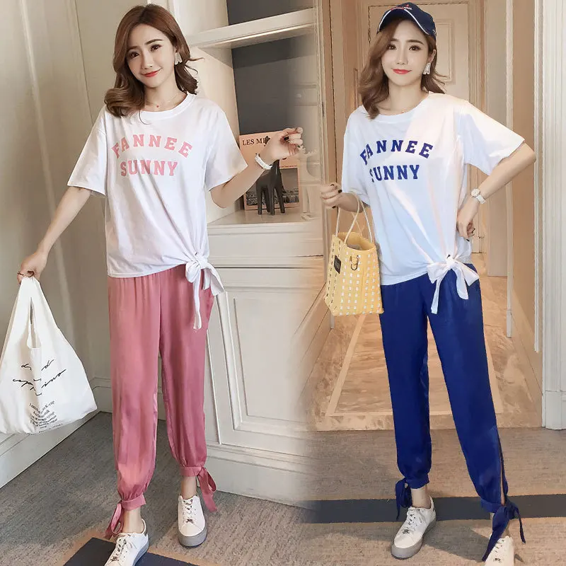 

Maternity Clothes Summer Short-sleeved Loose And Plus-sized Tops Cotton Blend Printed Shirt Maternity Pants Set Two-Piece Set