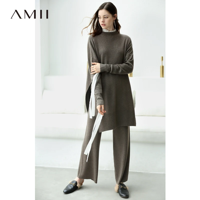 

Amii Minimalism Spring Knit Set Causal Oneck Solid Loose Sweater Elasticated Waist Long Pant 11840302