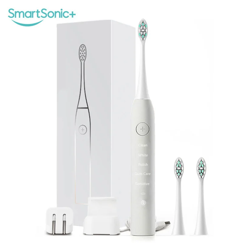 Белый SmartSonic+ электрическая зубная щетка для чистки зубов Водонепроницаемая Usb зарядка зубная щетка с 2 сменными головками Dupont - Цвет: Белый