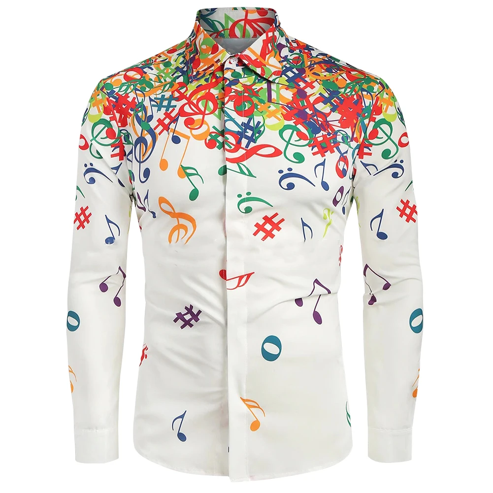 Autumn Men Shirts Casual Slim-Fit Streetwear Musical Note Printed Blouse Black Lapel Button Up Men Dress Shirt Long Sleeve Tops