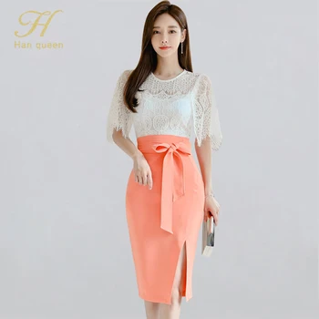 

H Han Queen 2 Pieces Suits Women Summer O-neck Lace Shirt Top & Lace-up Split Sheath Bodycon Pencil Skirt Korean Occupation Set