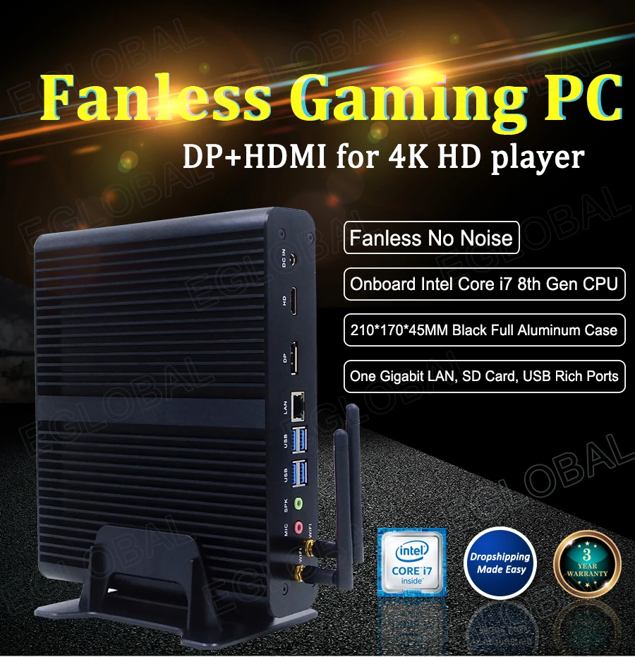  I7 7500U Intel skylake HD 620 fanless gaming computer Win10 Linux RJ45 Giga LAN DP HDMI Dual displa